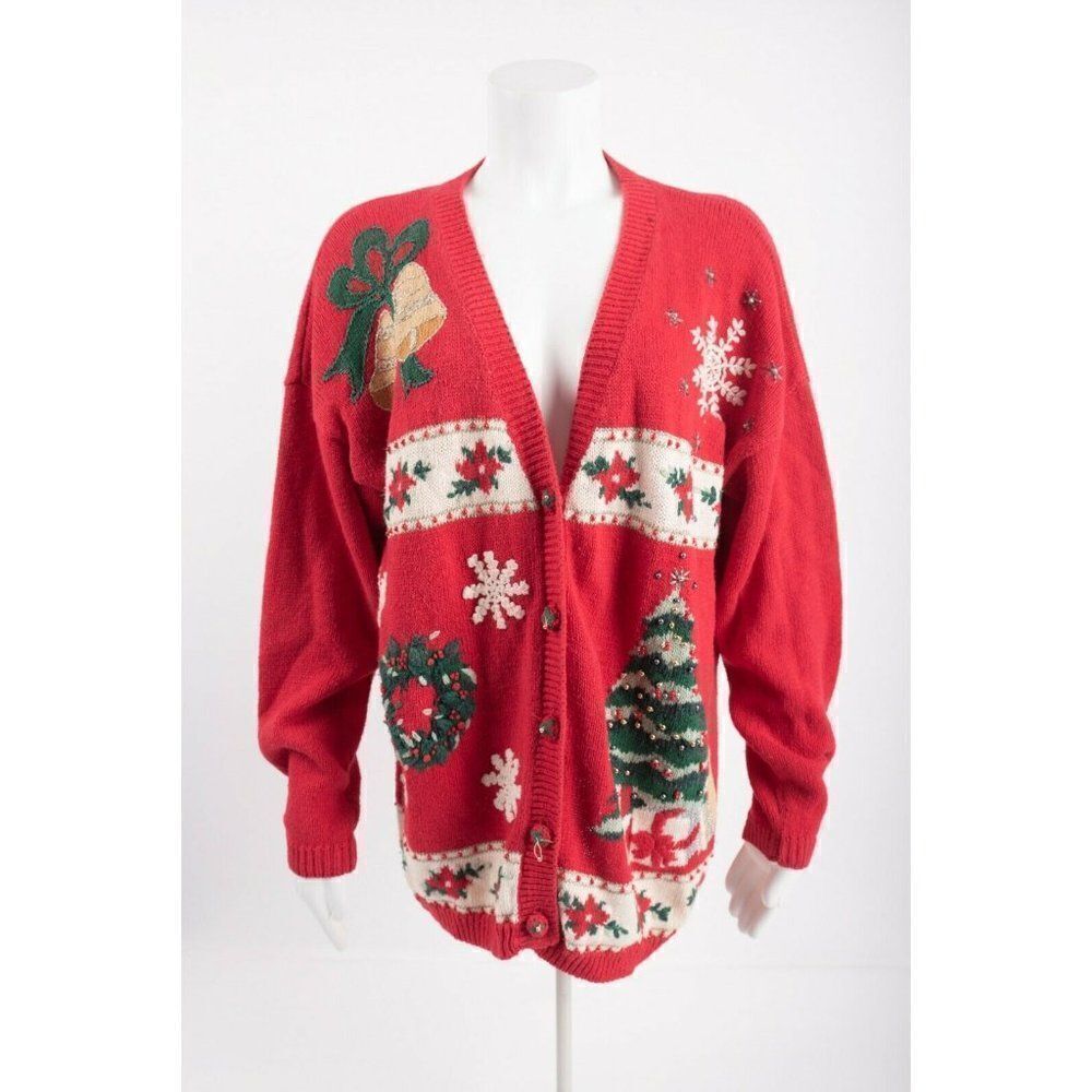 Clarly St. Claire Womens Ugly Christmas Sweater Cardigan M Red Button Beaded